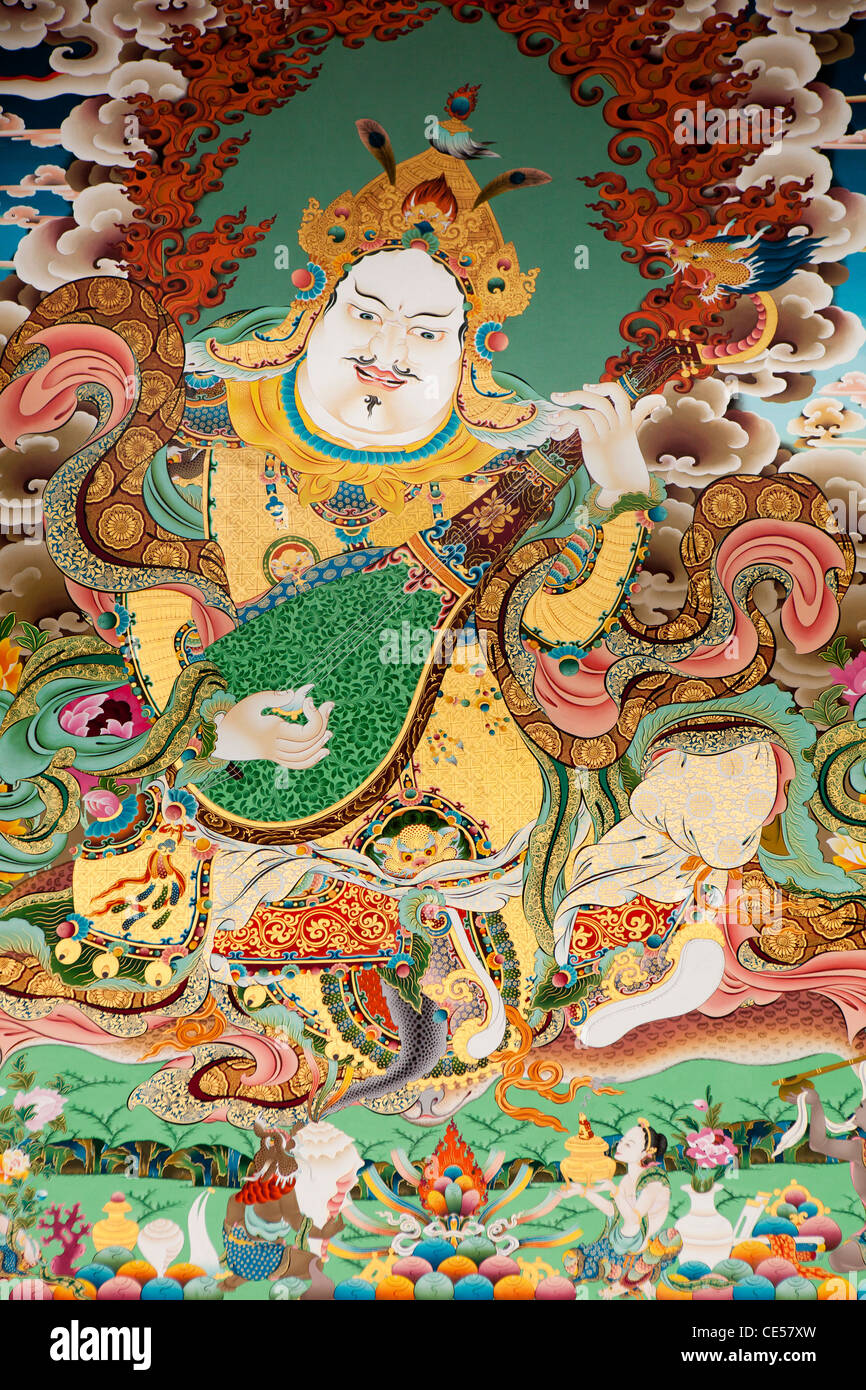 Indien, Arunachal Pradesh, Tawang, Khinmey Nyingma Kloster, buddhistische Kunst, Gottheit Dramyen tibetische laute Stockfoto