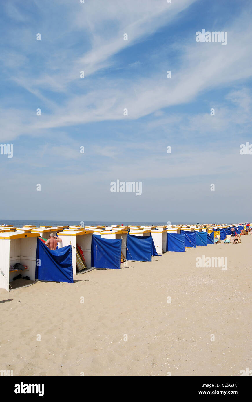 Strand-Umkleidekabinen am Strand, Katwijk, Niederlande Stockfoto