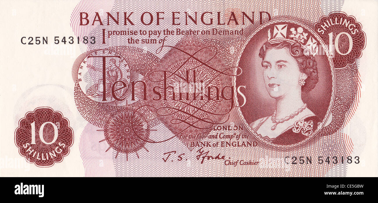10-Schilling-Banknote mit detailliertem Design, historischen Zahlen und klassischer britischer Währung vor der Dezimierung der Währung im Jahr 1971. Stockfoto