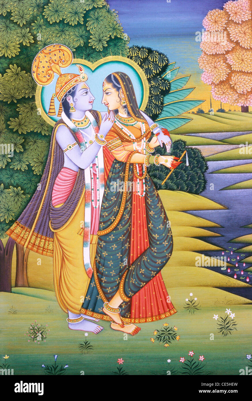 Radha Krishna im Garten Miniaturmalerei Stockfoto