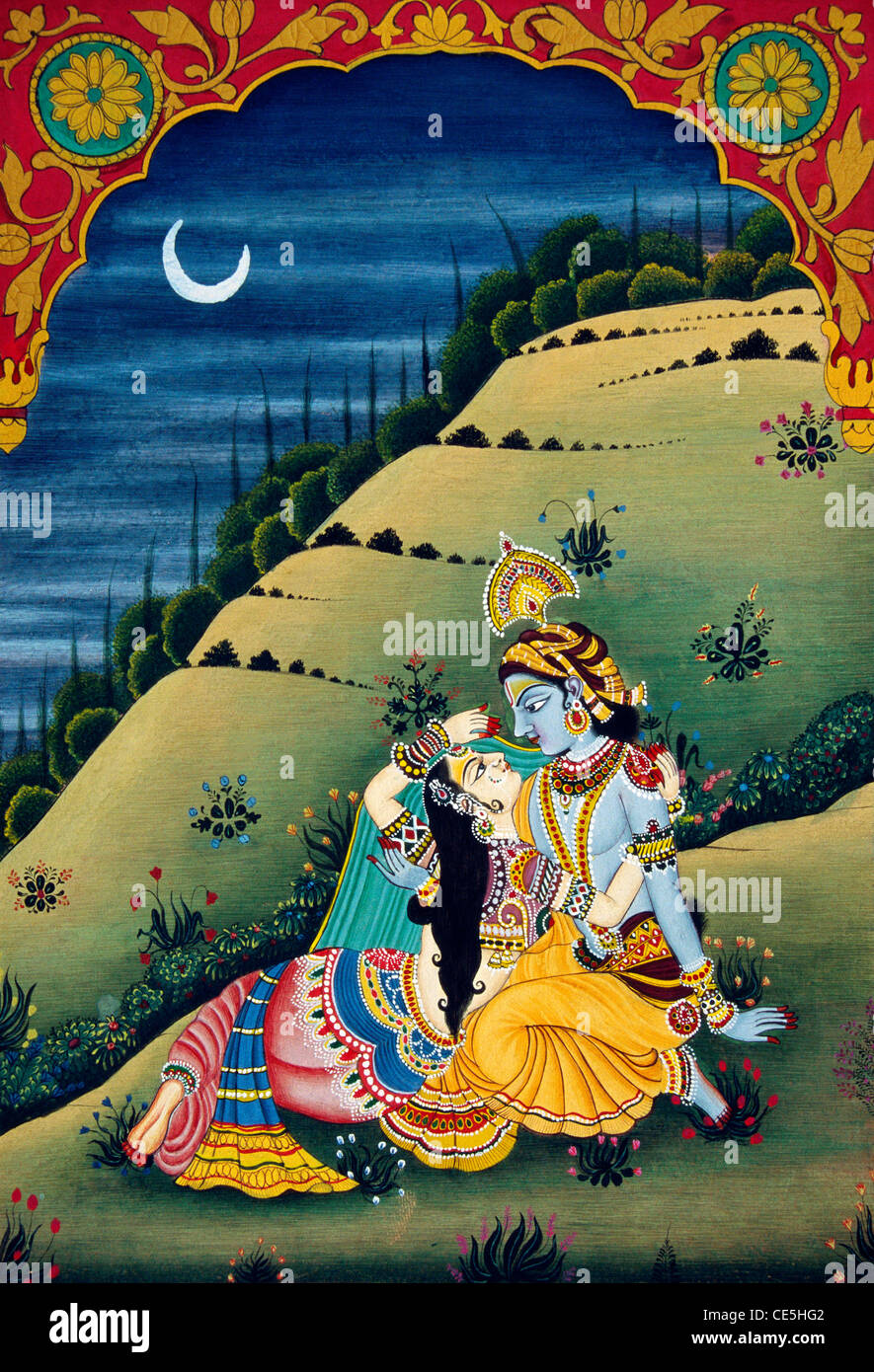 Radha Krishna im Garten unter Mondnacht Miniaturmalerei auf Papier Stockfoto