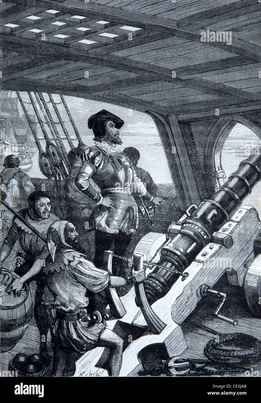 Jacques Cartier (1491-1557) Französisch Explorer und Seemann oder Mariner an Bord Schiff entdecken Kanada. Vintage Illustration oder Gravur Stockfoto