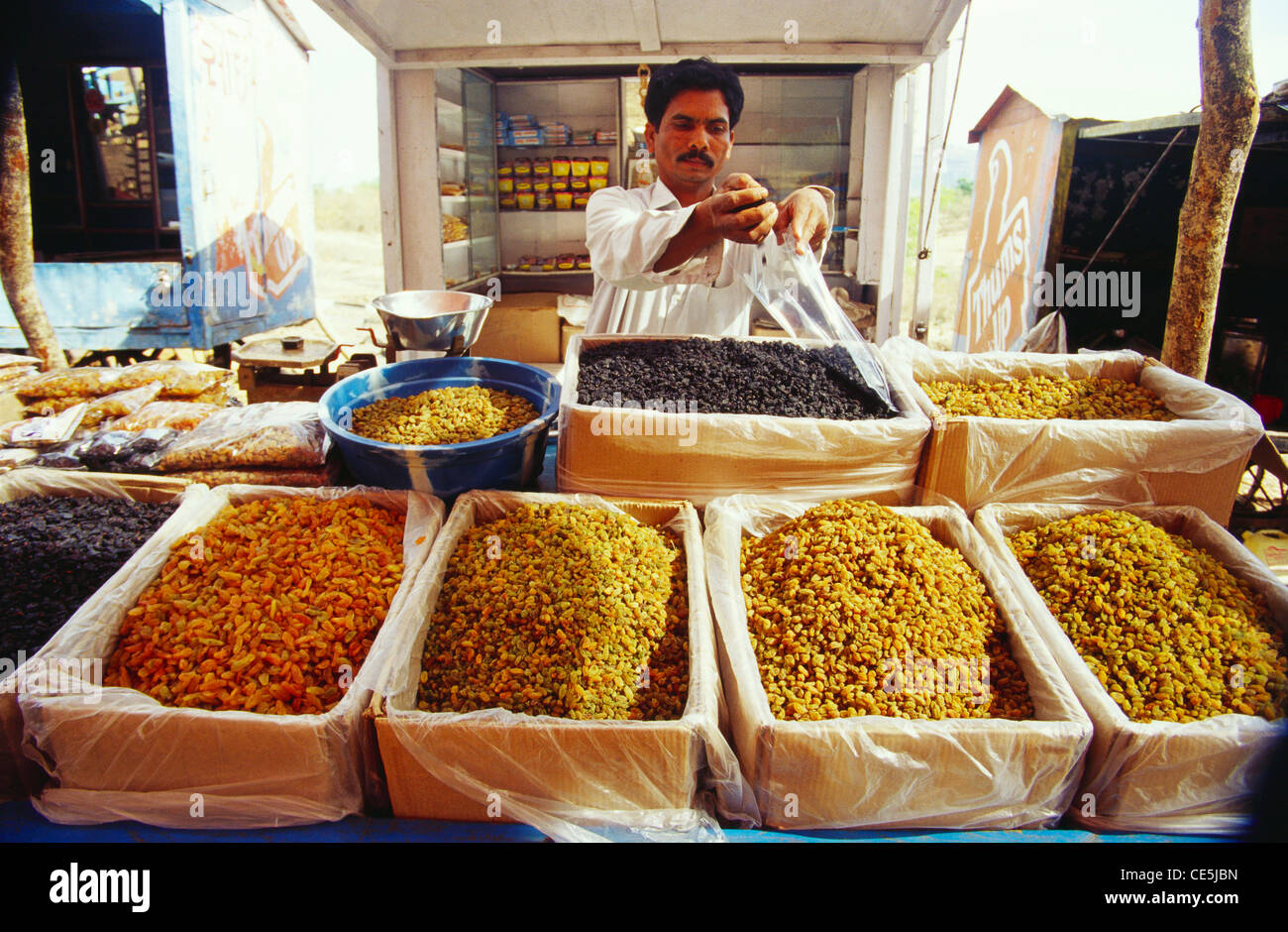Mann, Trockenobst in Plastikbeutel in Rosinen füllen shop Saputara Gujarat Indien Stockfoto