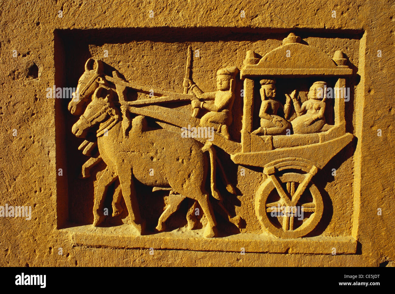 Skulptur Pferdewagen aus Lodurva Tempel; Jaisalmer; Rajasthan; Indien Stockfoto