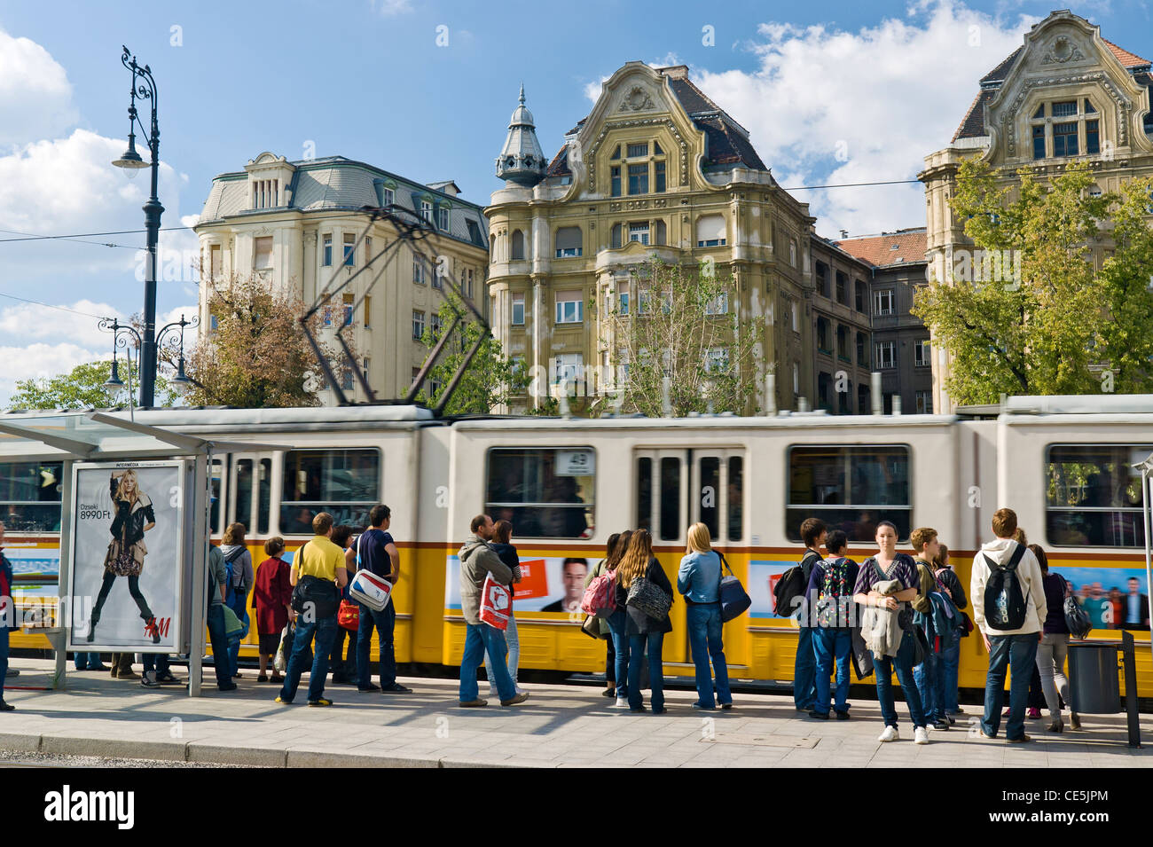 Straßenbahnen auf Vamhaz körút vor Fovam ter, Pest, Budapest, Ungarn. Stockfoto