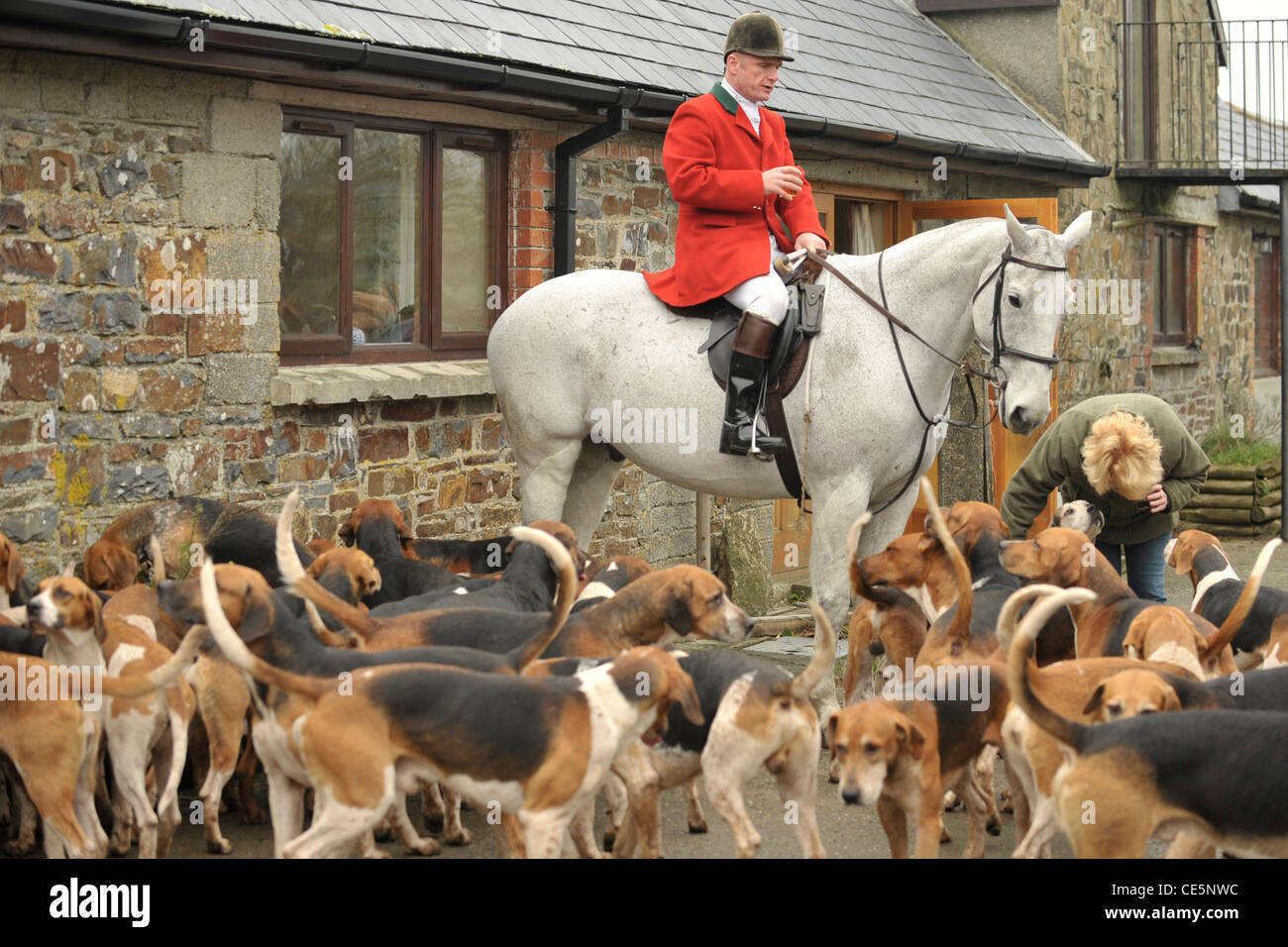 Jäger und seinen Jagdhunden bei einem Treffen Stockfoto