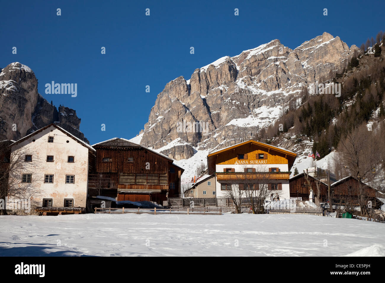 Häuser vor den Sellastock, Kolfuschg, Kolfuschg, Gader Tal, Val Badia, Alta Badia, Dolomiten, Südtirol, Italien Stockfoto