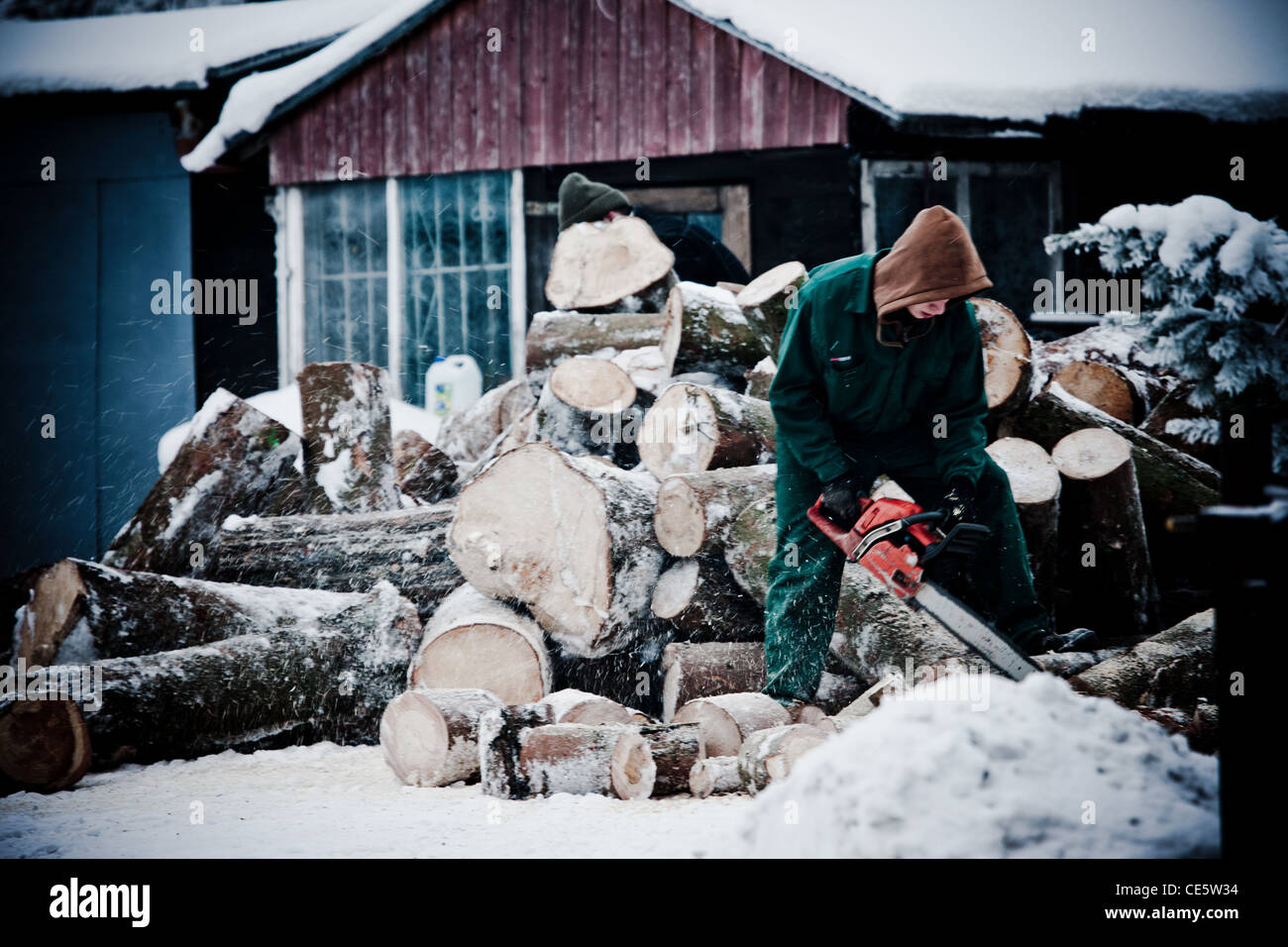 Ein kleiner Junge Brennholz mit einer mechanischen. Ein kleines Dorf "Śliwin" Gemeinde Rewal, Polen. Stockfoto