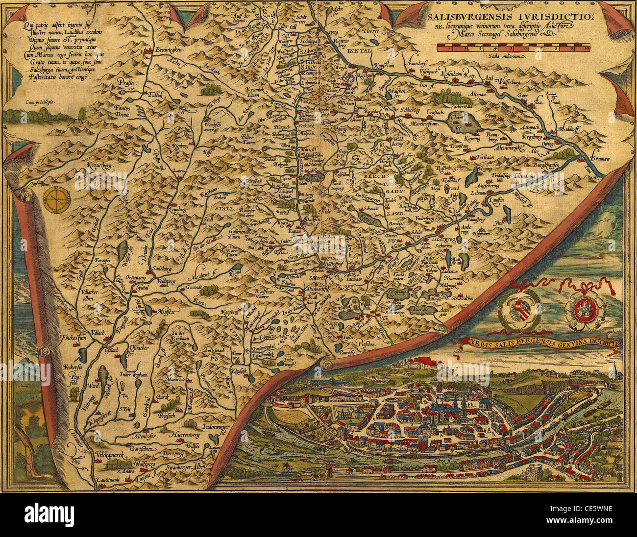 Antike Landkarte von Salzburg und Umgebung von Abraham Ortelius, ca. 1570 Stockfoto