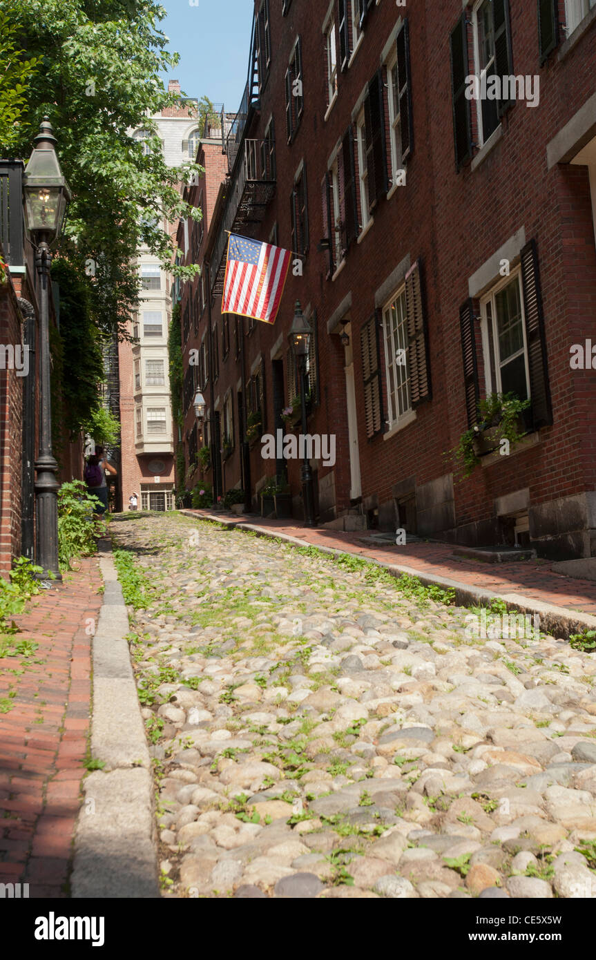 Malerischen gepflasterten Eichel Street, Beacon Hill, Boston, MA, USA, Massachusetts, USA, Nordamerika Stockfoto