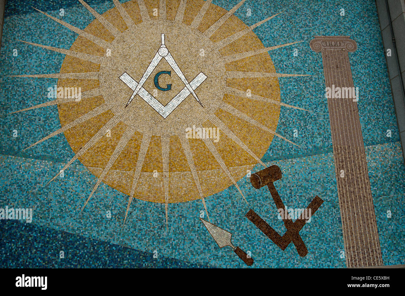 Square und Kompasse und Sonne Mosaik an der Wand der Grand Lodge of Massachusetts, Boston, Vereinigte Staaten, USA, Freimaurerei, Freema Stockfoto