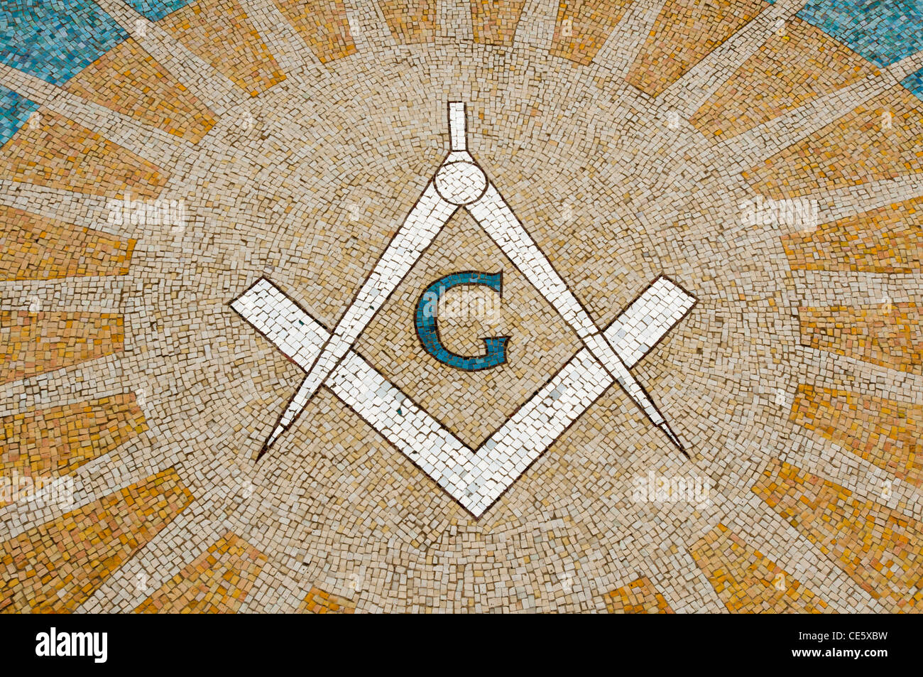Square und Kompasse und Sonne Mosaik an der Wand der Grand Lodge of Massachusetts, Boston, Vereinigte Staaten, USA, Freimaurerei, Freema Stockfoto