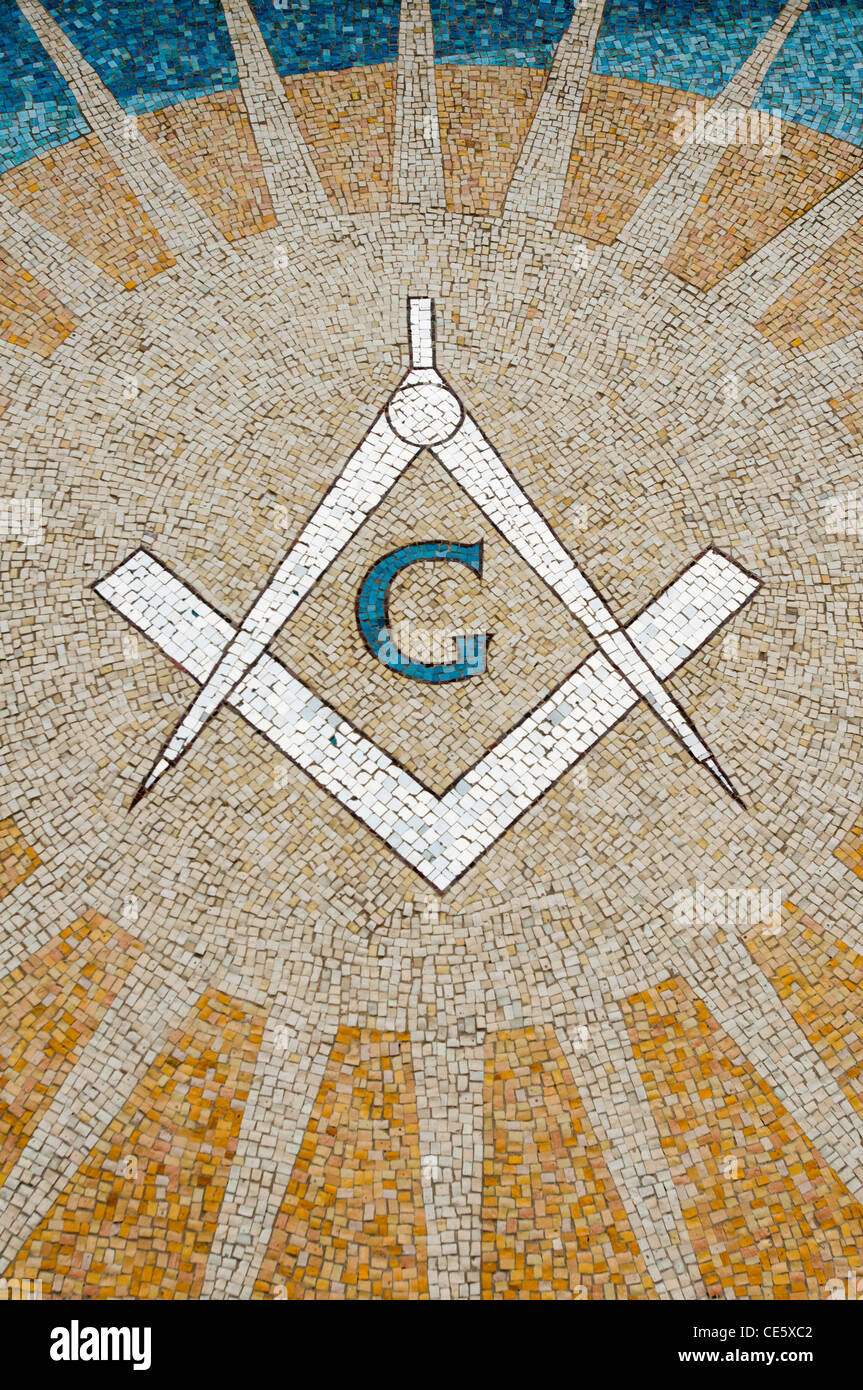 Square und Kompasse und Sonne Mosaik an der Wand der Grand Lodge of Massachusetts, Boston, Vereinigte Staaten, USA, Freimaurerei Stockfoto