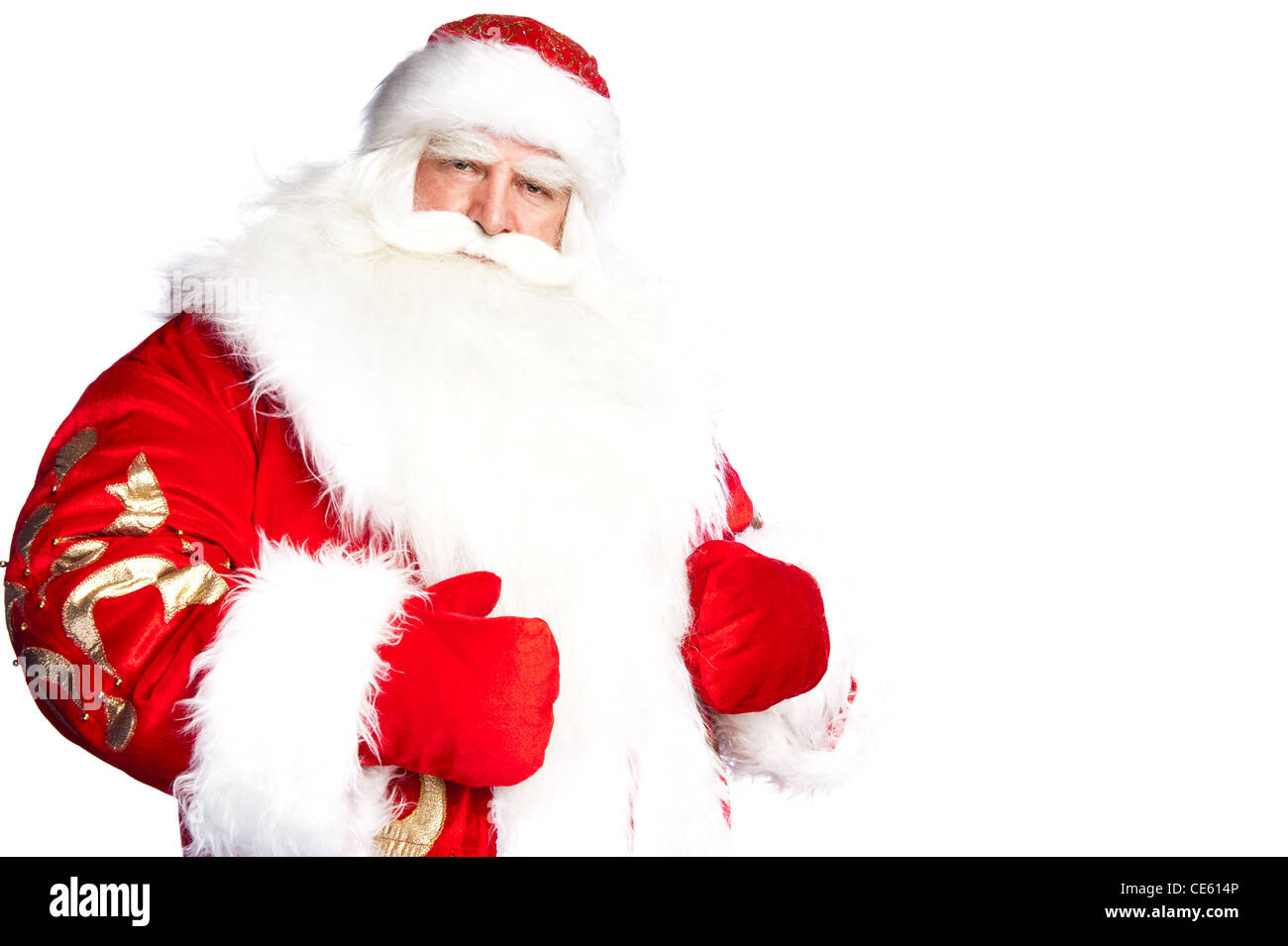 Traditionellen Weihnachtsmann geben ein großes "ho ho ho" Bauch lachen. Isoliert auf weiss. Stockfoto