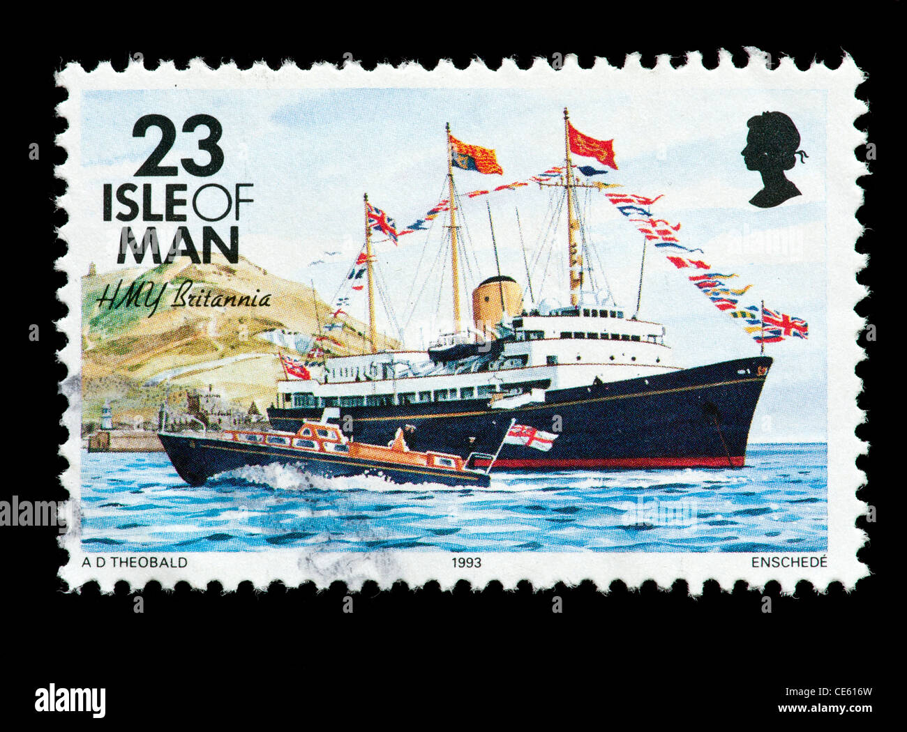 Briefmarke von der Isle Of Man mit dem Schiff HMY Britannia. Stockfoto