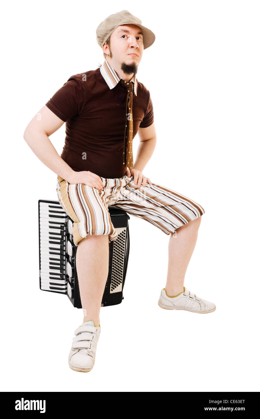 Coole Musiker mit seinem Instrument auf weißem Hintergrund Stockfoto