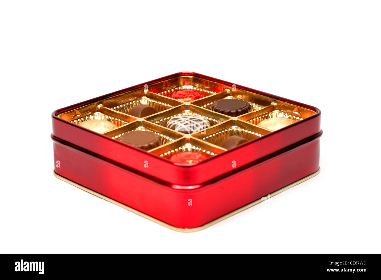Rotes Feld mit Schokoladen-interessante Perspektive, selektiven Fokus innerhalb des Kastens. Stockfoto