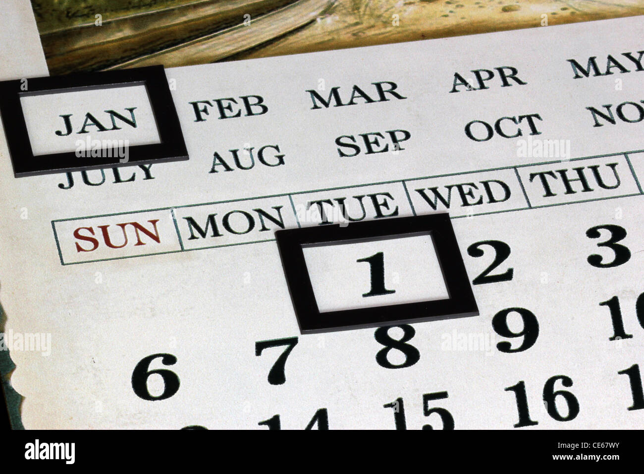 1. Januar-Datum in einem Kalender Stockfoto