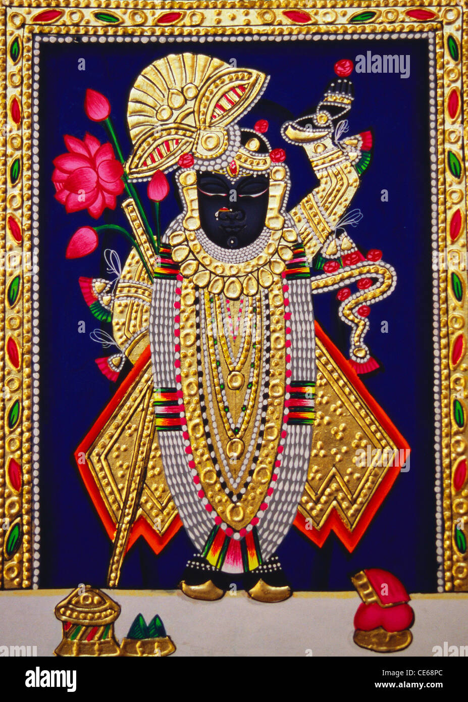 Shrinathji Malerei ; Hindu Gott Krishna ; Miniaturbild mit Gold auf Papier ; Nathdwara ; Rajsamand Bezirk ; Udaipur ; Rajasthan ; Indien ; Asien Stockfoto