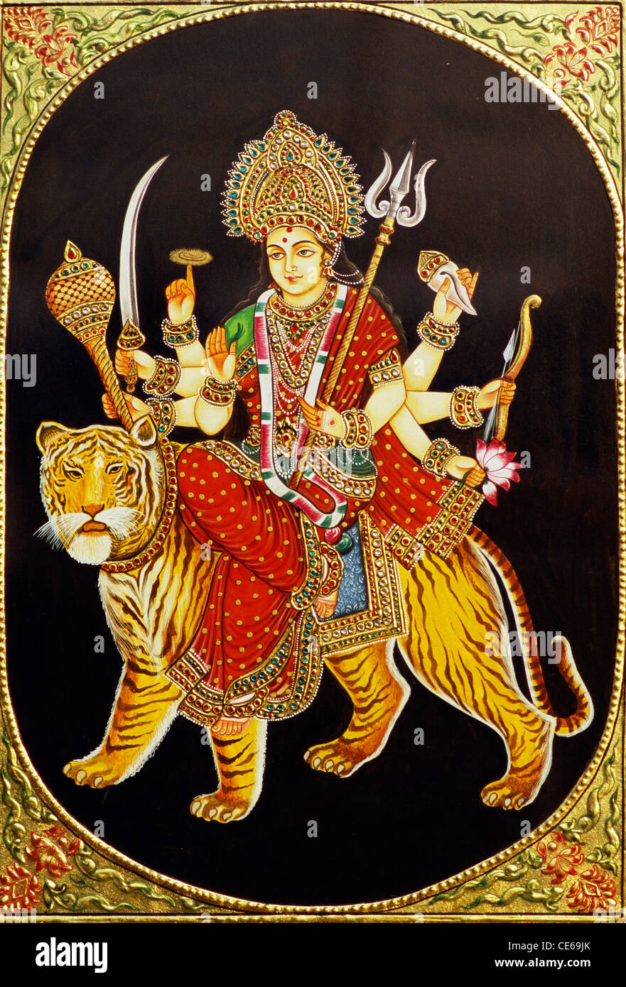 Göttin Durga montiert auf Tiger Miniaturmalerei auf Papier mit gold-Prägung Stockfoto