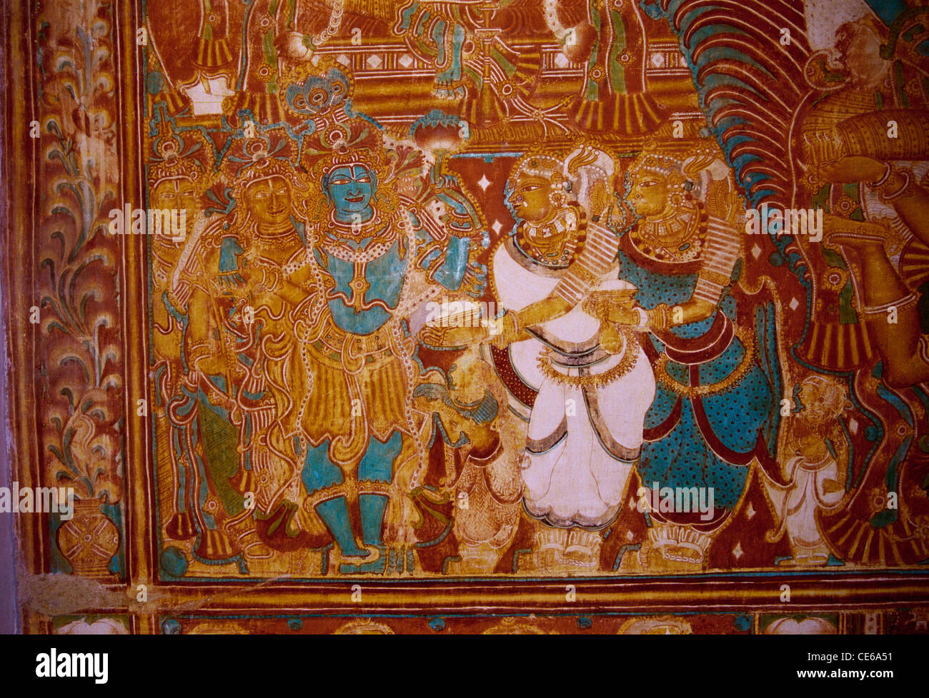 Krishna Radha Hochzeit 18 th Jahrhundert Wandmalereien im Krishnapuram Palast am Kayamkulam; Kerala; Indien Stockfoto