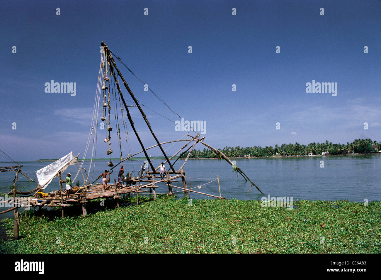 Chinesisches Fischernetz Funktionsreihenfolge Stufe drei; Ufer betriebene Aufzugsnetze; Cochin; Kochi; Kerala; Indien; Asien Stockfoto