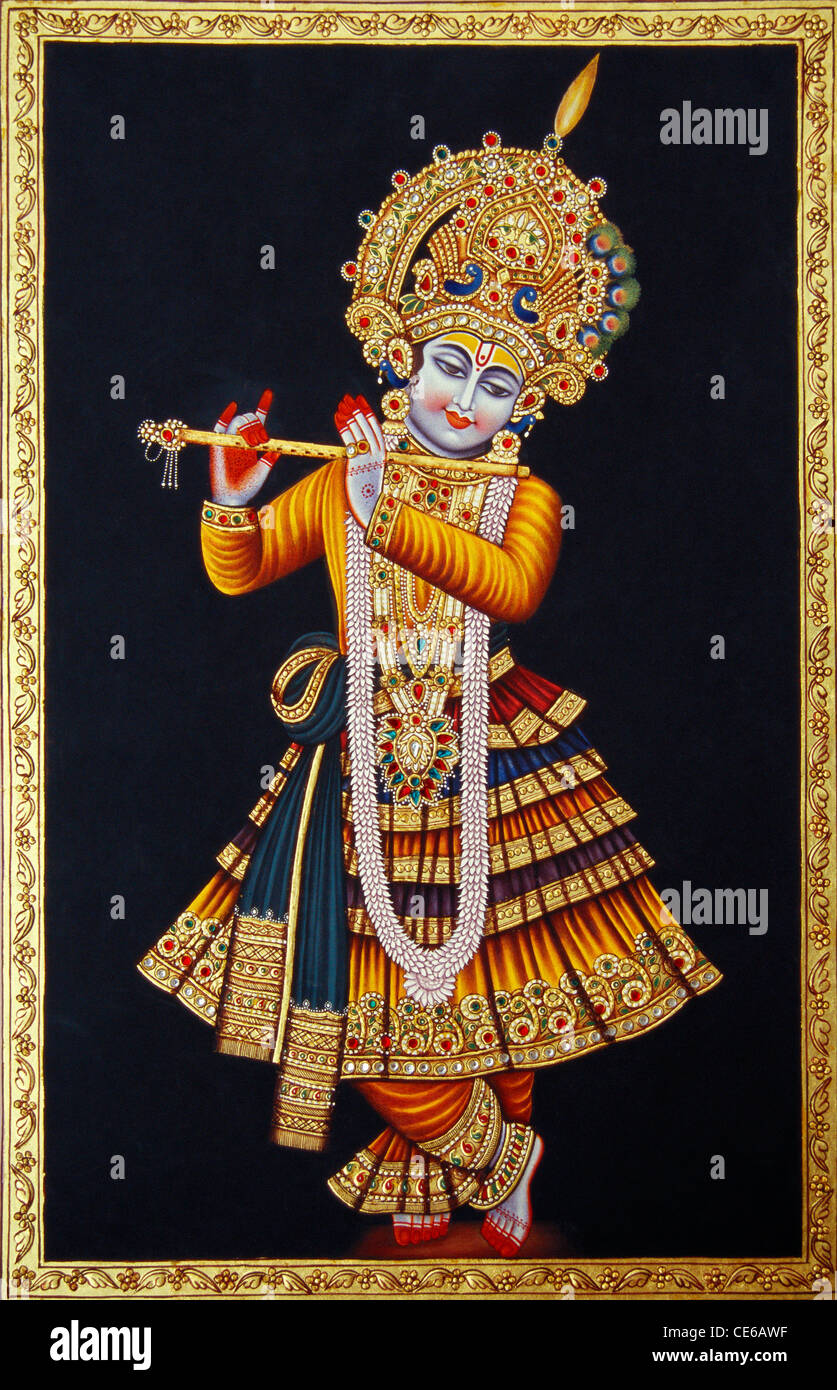 Lord Krishna spielt Flöte, Miniaturgemälde auf Papier Stockfoto