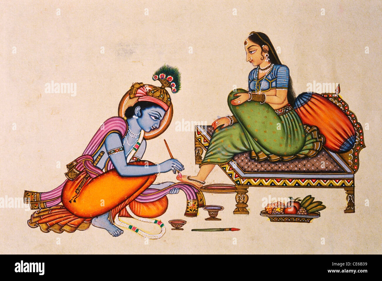 Krishna Gemälde Füße Beine Nägel von Radha Miniaturmalerei auf Papier Stockfoto