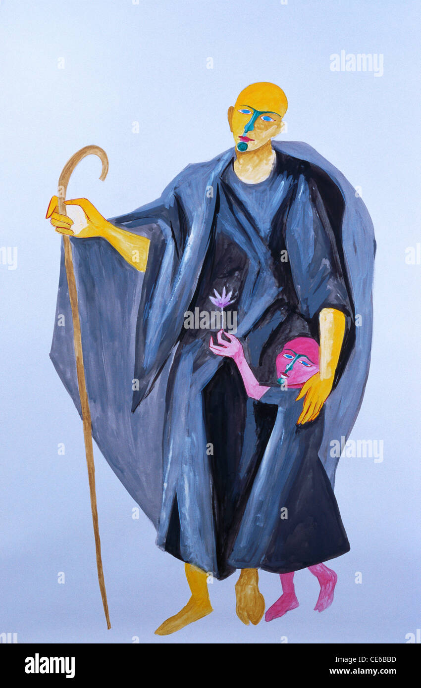 Aquarellmalerei heiliger Mann in Robe mit Stock und Kind mit Blume Stockfoto
