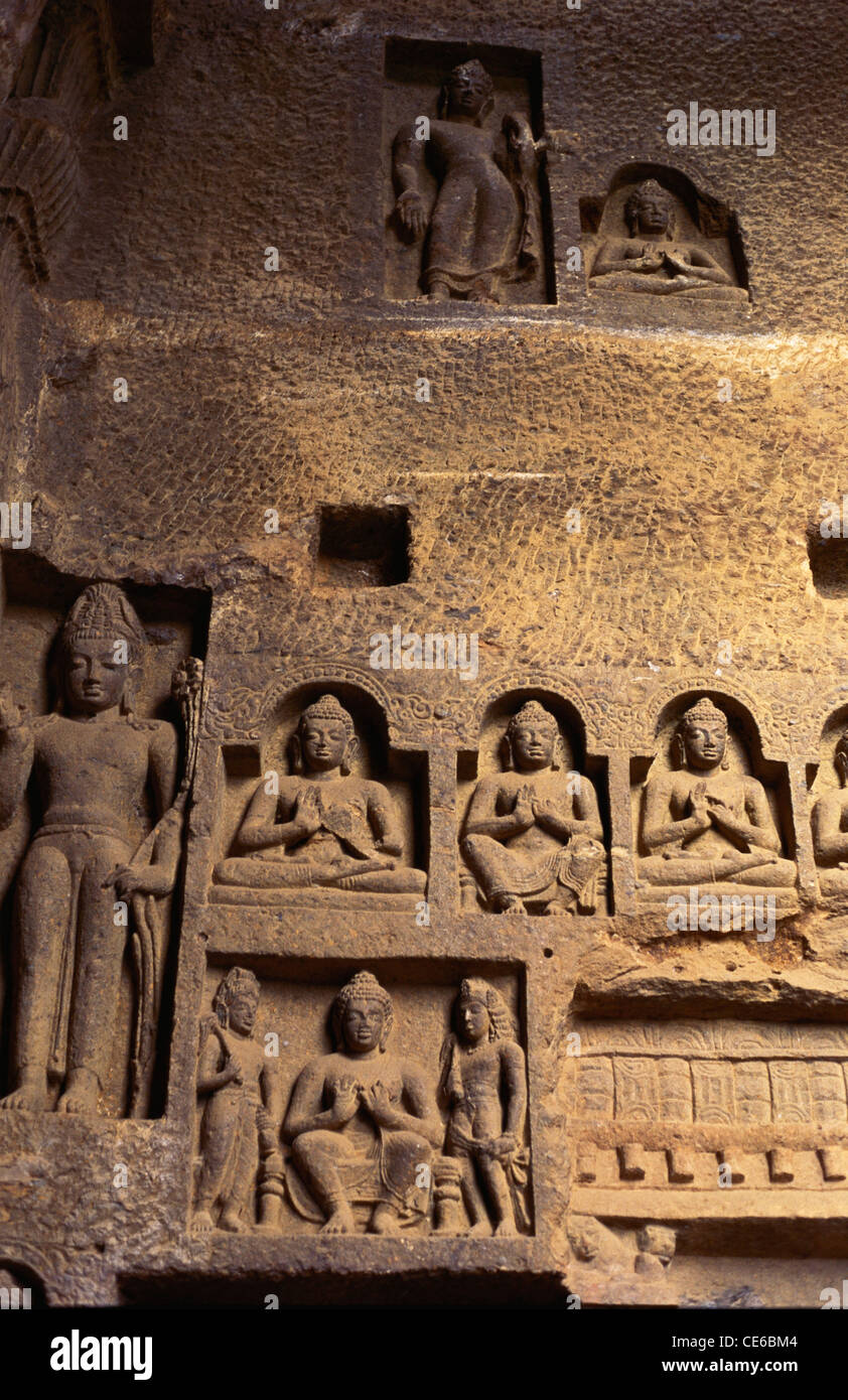 Buddhistische Skulpturen auf Wänden von Kanheri Felsen schneiden Höhlen; Sanjay Gandhi Nationalpark; Borivali; Bombay; Mumbai; Maharashtra; Indien; Asien Stockfoto