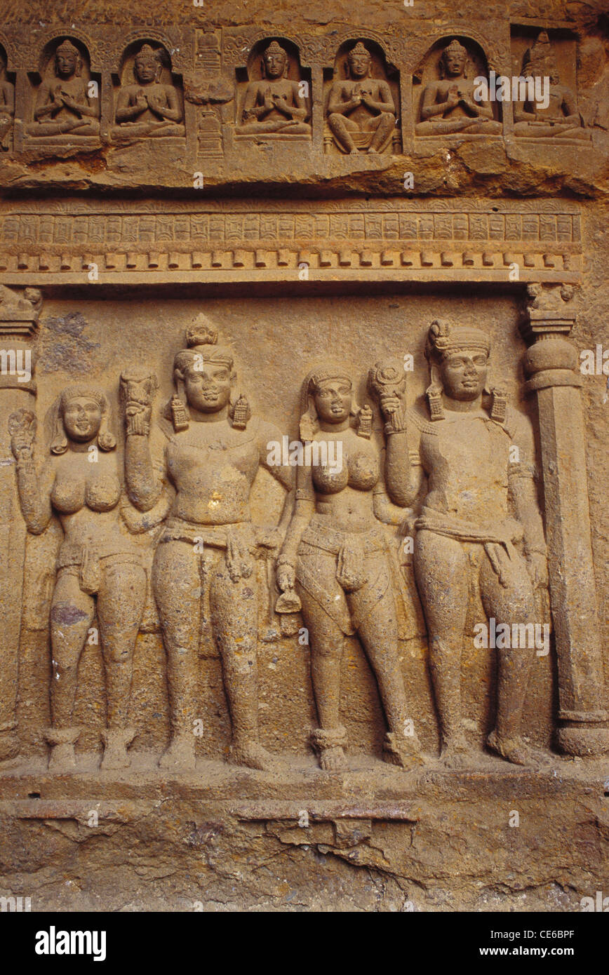 Kanheri Höhlen Innenräume 2. bis 9. Jahrhundert; Borivali; Bombay Mumbai; Maharashtra; Indien Stockfoto