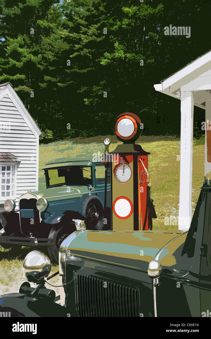 Antikes Modell A Fords an alten Tankstelle Abbildung. Stockfoto