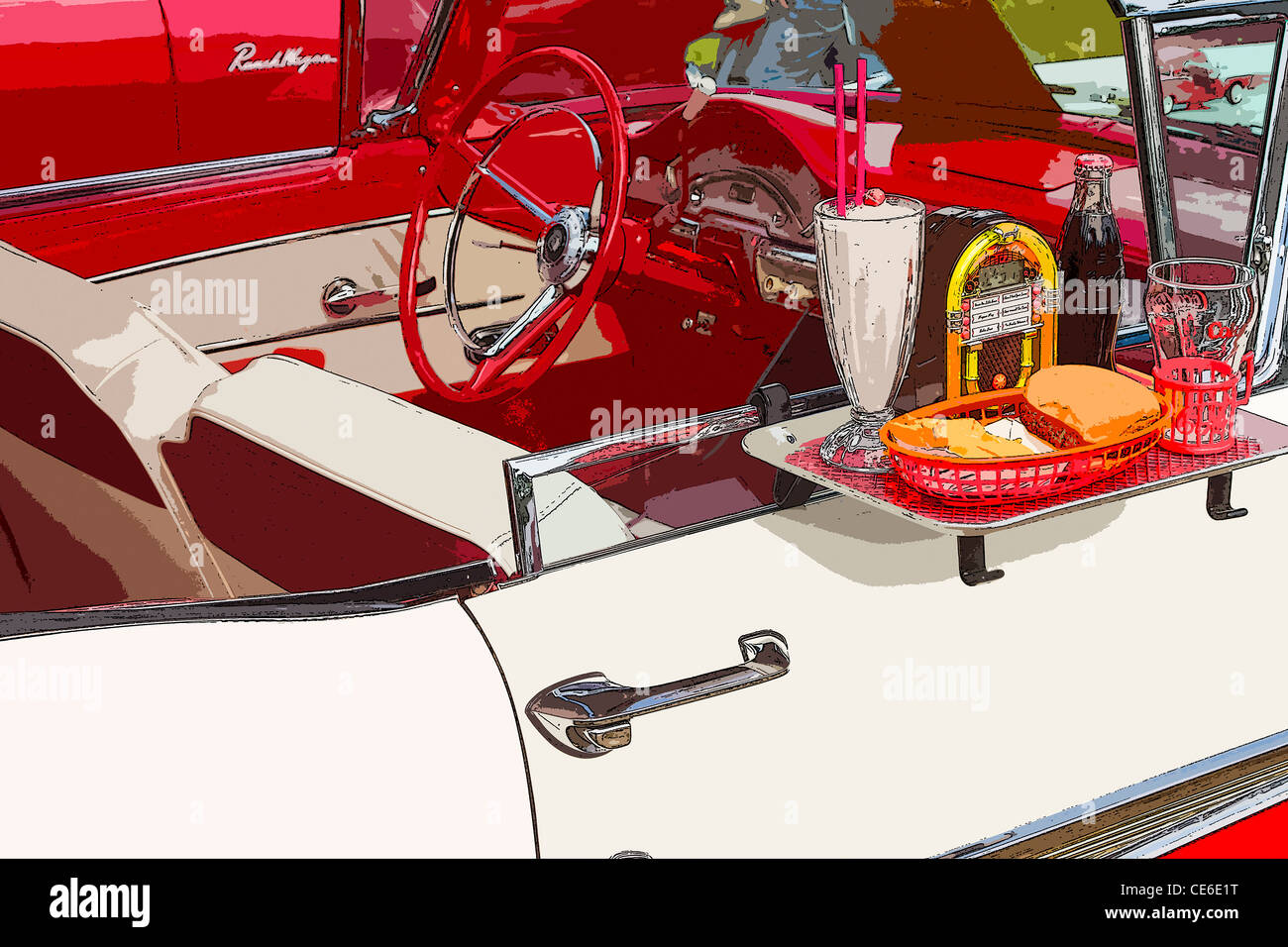 Altes Auto auf einer Fahrt im Restaurant Abbildung. Stockfoto