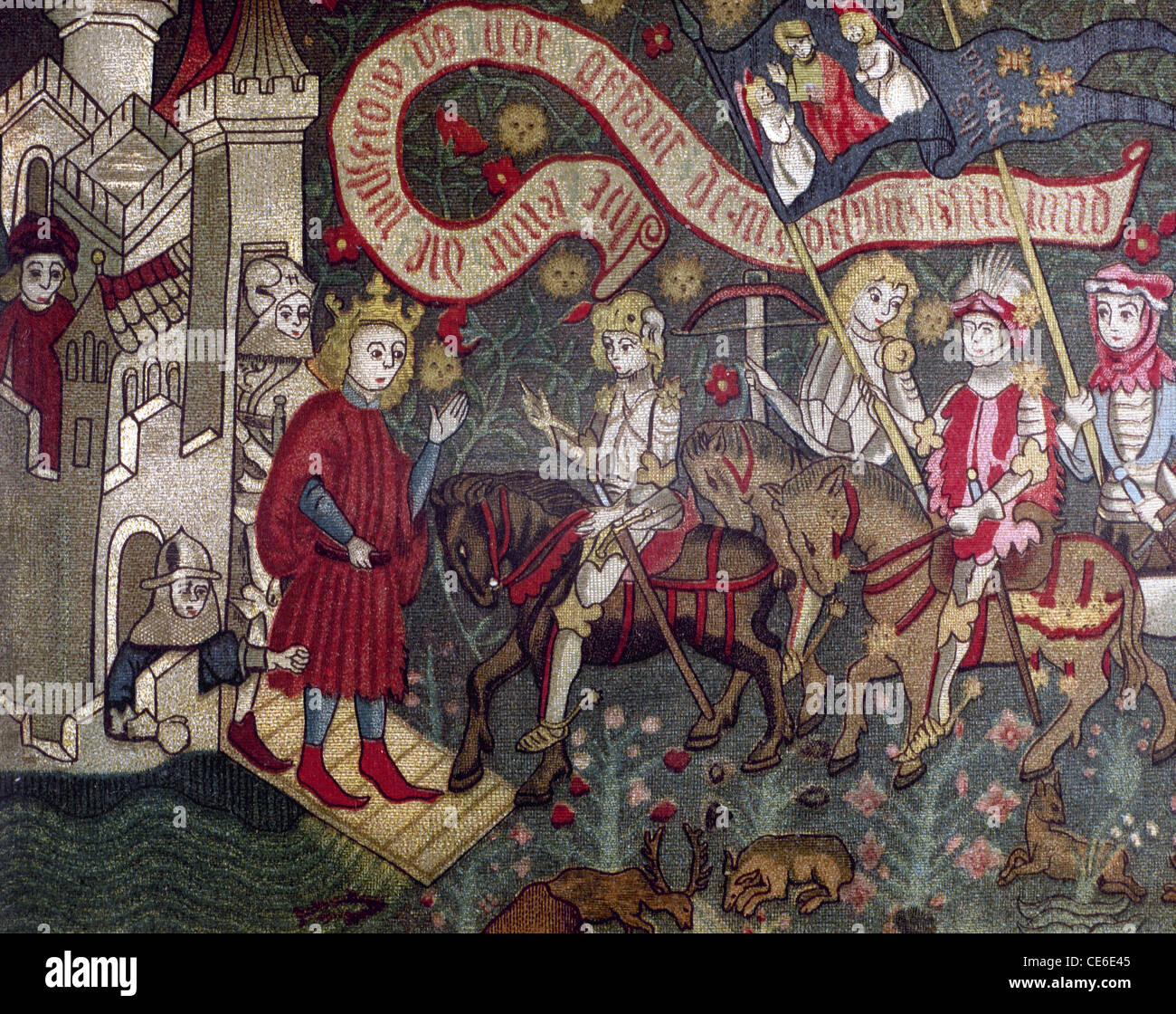 Charles VII von Frankreich empfangen von Jeanne d ' Arc in der Burg Chinon. 1429 deutsches Wandteppich. Stockfoto