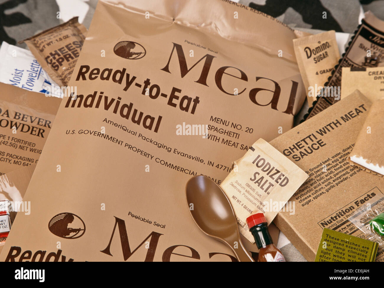 MRE - Mahlzeit Ready to Eat, militärische Futterration Stockfoto