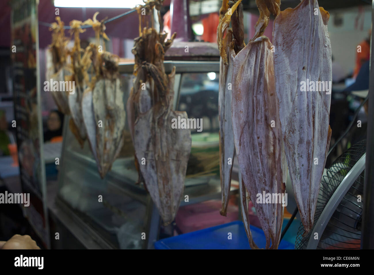 Trockenen Tintenfische auf dem Pasar Tamu Dbku Nachtmarkt, Kuching Stockfoto