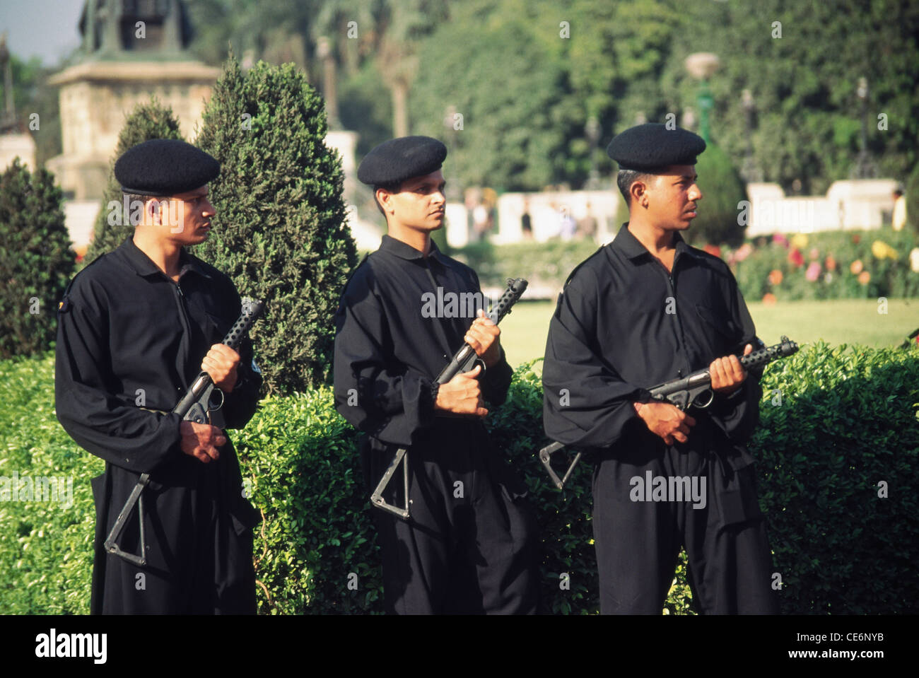 Indische schwarze Katze Kommandos der nationalen Sicherheitswache mit automatischen Gewehren; Indien; Asien; NOMR Stockfoto