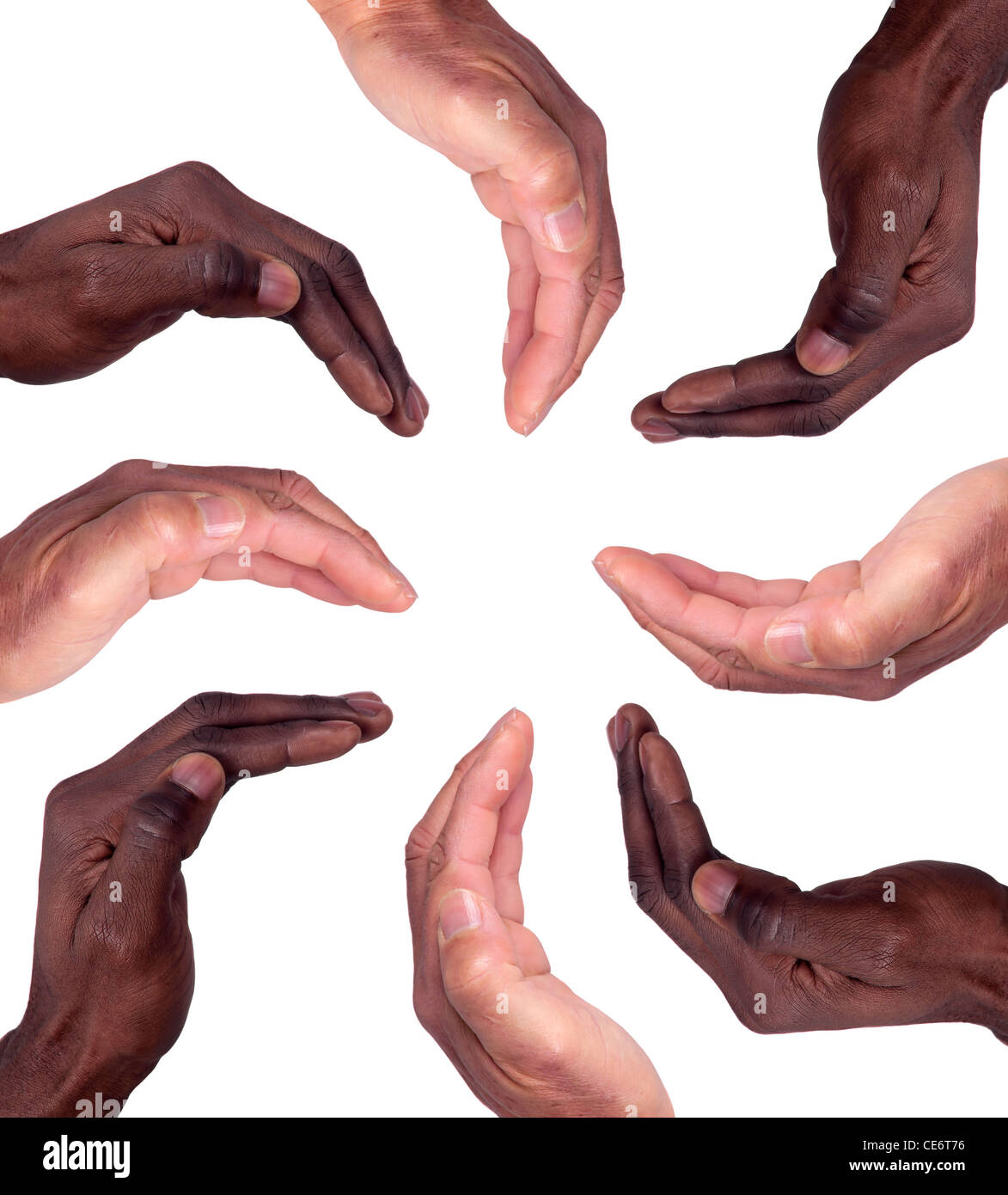 Hand verschiedener Rassen zusammen isoliert in weiß Stockfoto