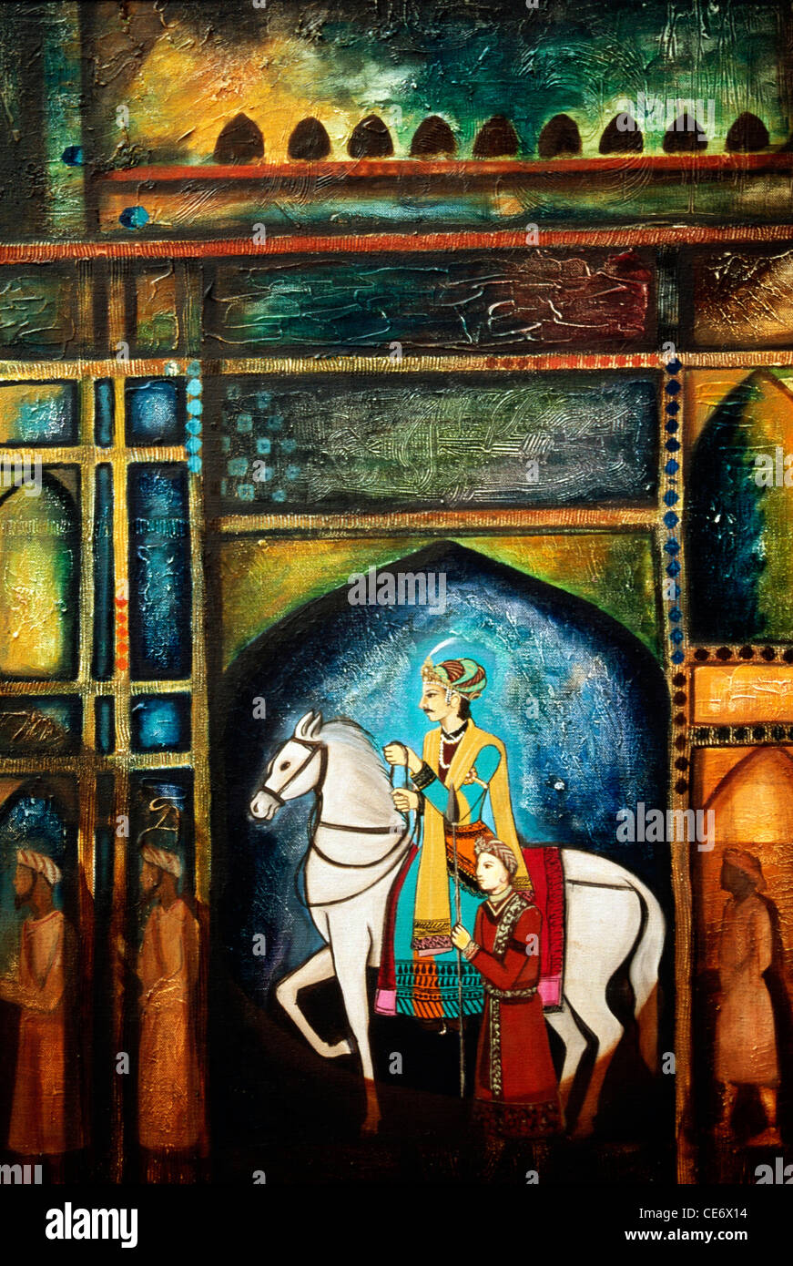 BDR 83484: Malerei des indischen royal King im weißen Hengst Pferd Indien Stockfoto