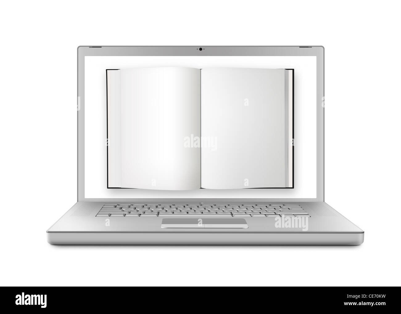E-Book-Konzept mit Buch auf einem modernen Laptop-Bildschirm. Isoliert auf weißem Hintergrund. Stockfoto