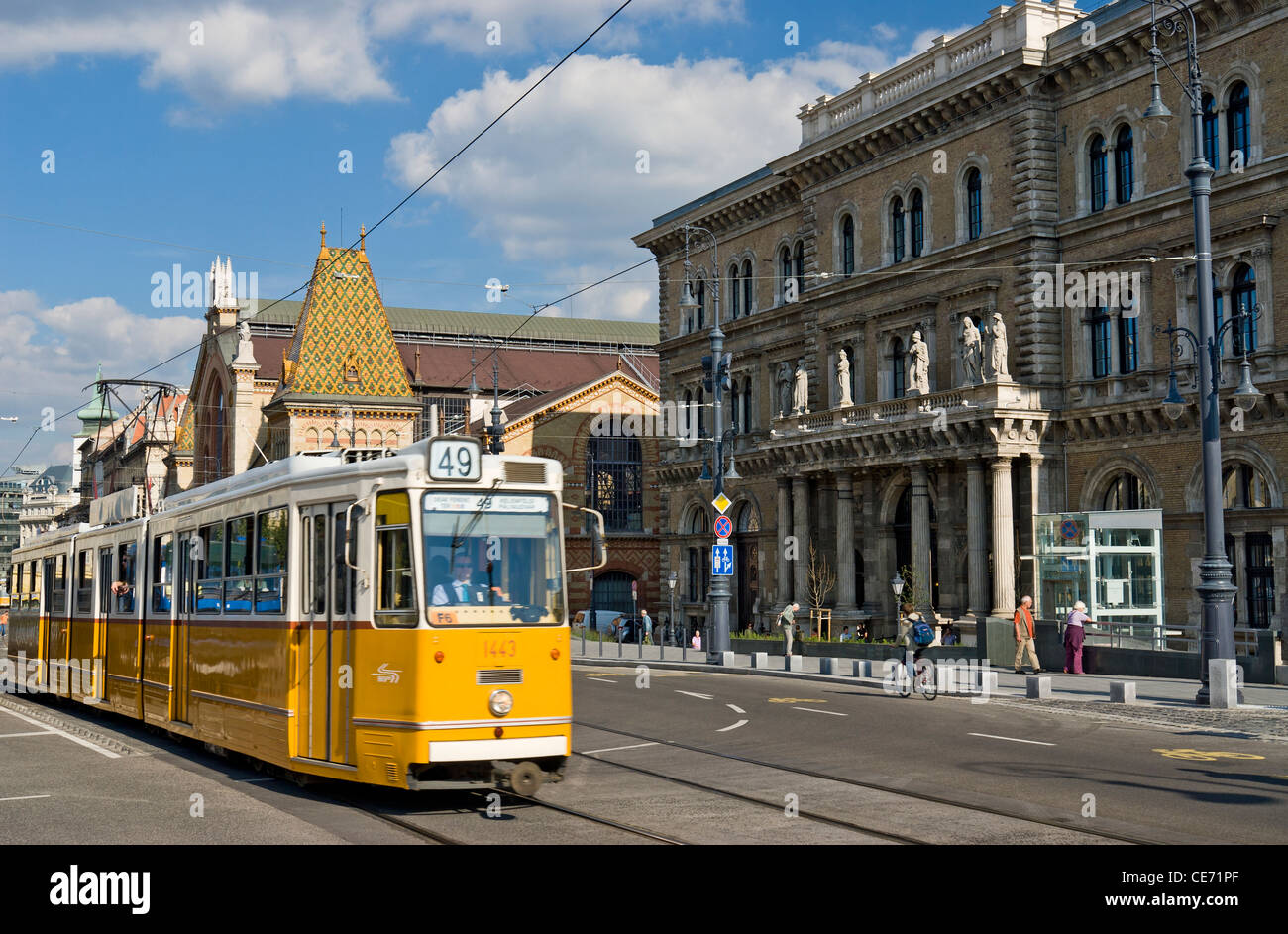 Straßenbahnen auf Vamhaz körút mit zentralen Markthalle im Hintergrund links und rechts Corvinus Universität Pest, Budapest, Ungarn. Stockfoto