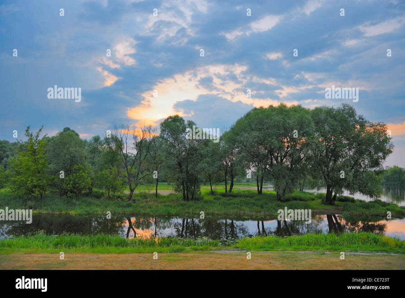 Twilight-Frühling Landschaft mit Hochwasser. Stockfoto