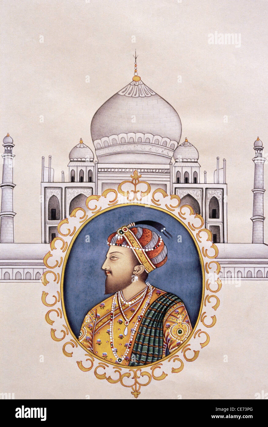 Moghul-Kaiser ; Shah Jahan ; Miniaturmalerei mit Taj Mahal im Hintergrund ; Indien ; Asien ; Shahab ud din Muhammad Khurram ; Stockfoto