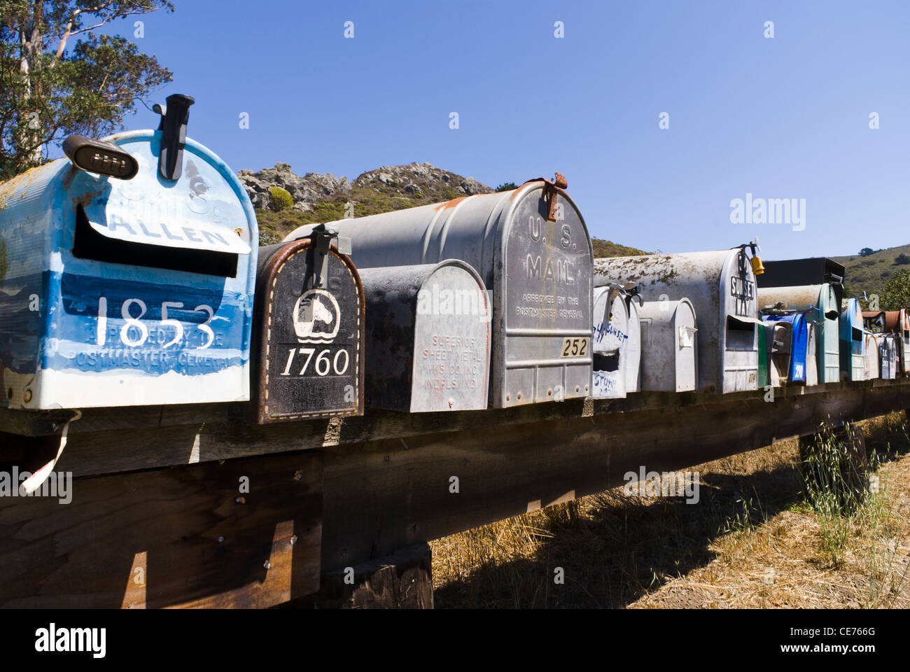 Postfächer. Muir Beach, Kalifornien, USA. Stockfoto