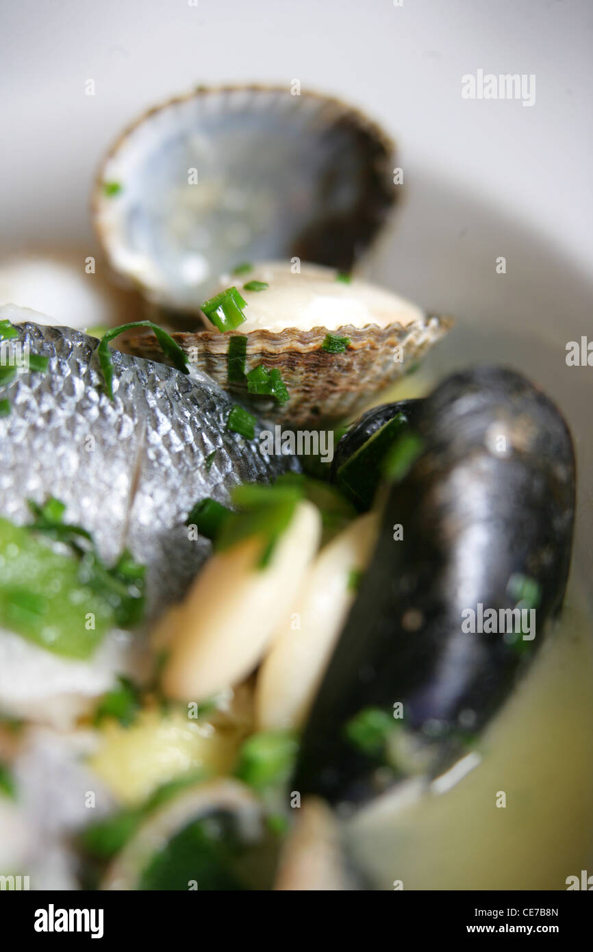 LEICHT POCHIERT AUSWAHL AN FISCH UND MEERESFRÜCHTEN MIT BUTTERBEANS UND KRÄUTERN Stockfoto