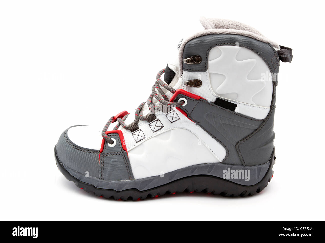 Winter-Schuh-Closeup auf weißem Hintergrund Stockfoto