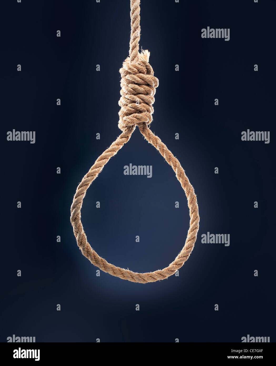 Seil-Schlinge mit Henkers Knoten hängen vor blauem Hintergrund. Stockfoto