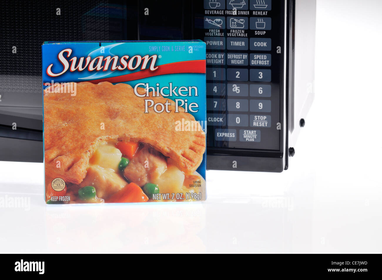 Swanson Chicken Pot Pie Tv Abendessen in Verpackung vor Mikrowelle auf weißem Hintergrund USA eingefroren Stockfoto