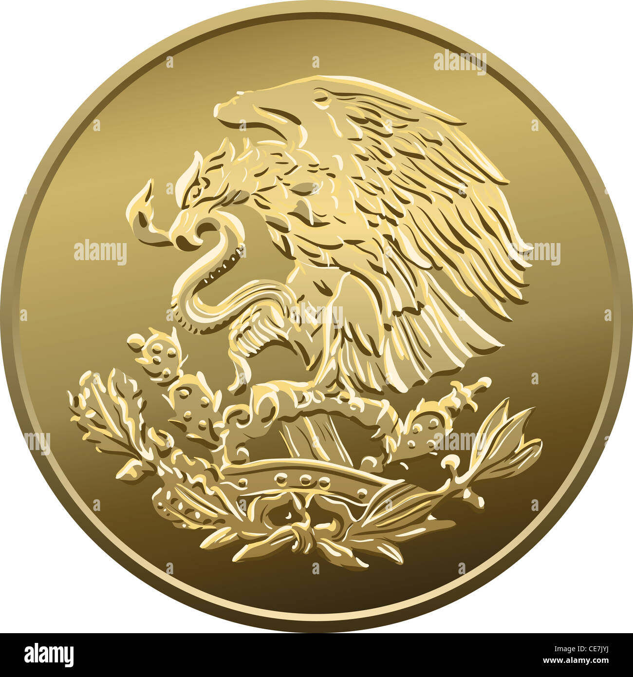 Mexikanische Geld fünfzig Centavo, Goldmünze, heraldischen Adler thront auf einem Kaktus eine Schlange in seinem Schnabel hält Stockfoto