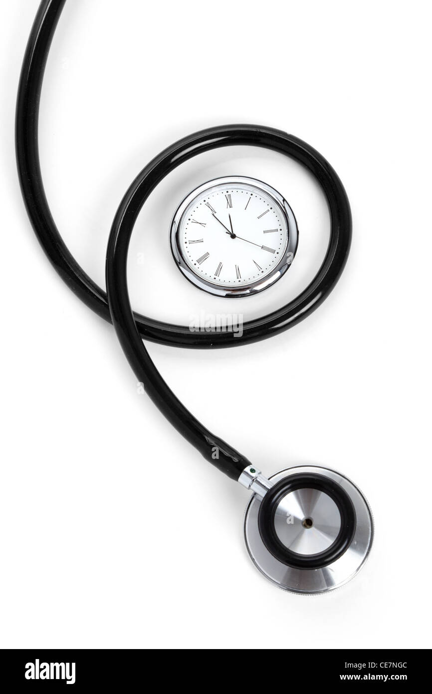 Stethoskop und Uhr, Konzept der Zeit Probleme Stockfoto